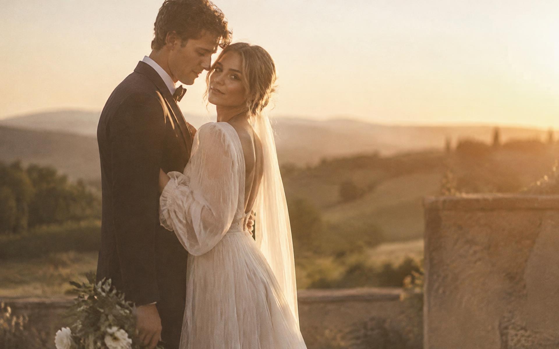 Casal de noivos ao pôr do sol